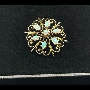 Vintage 14k Yellow Gold 7 Opal Round Filigree Pendant/Pin Excellent Condition